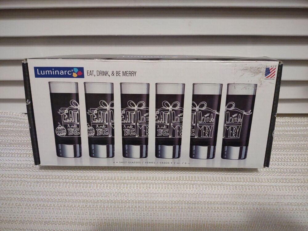 Luminarc Set of 6 EAT DRINK & BE MERRY SHOT GLASSES Bar Liquor Party Drinking